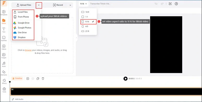 Set the video aspect ratio to 9:16 and upload your TikTok videos to FlexClip