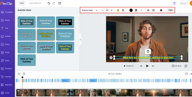 Customize the style of auto-generated subtitles for burned-in captions in the video