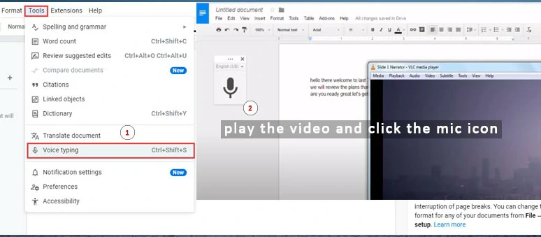 Play the video and click the microphone icon to transcribe the video to text automatically