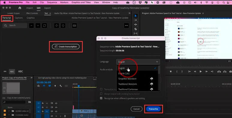 Transcribe sequence into texts in Premiere Pro