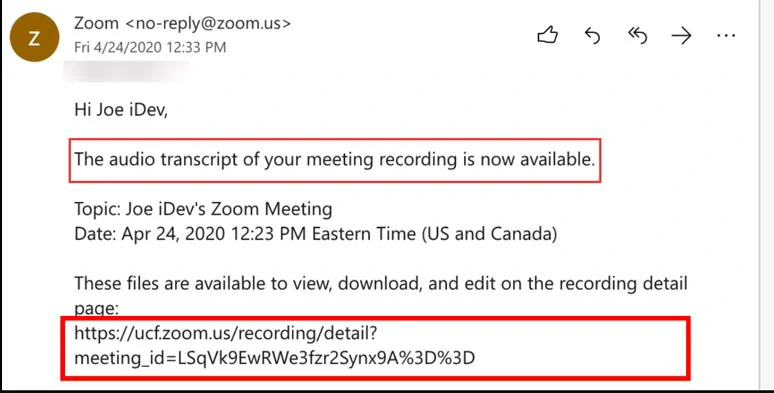 一封电子邮件将通知您，Zoom记录的自动抄本现在可用