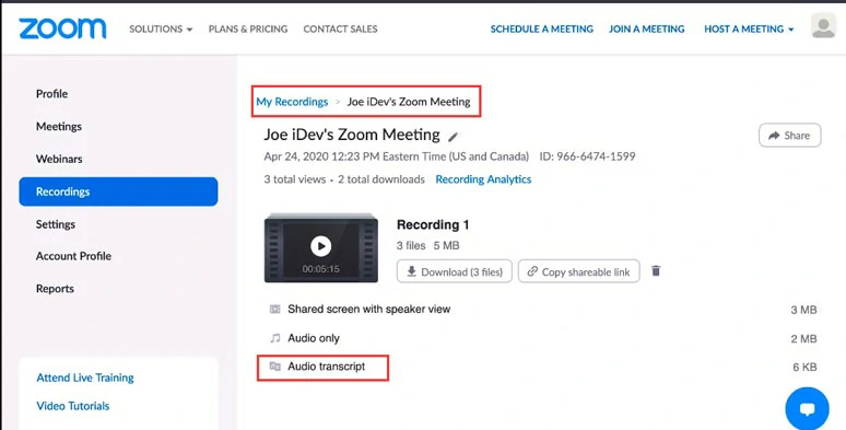 Find and download the auto transcript of the Zoom recording