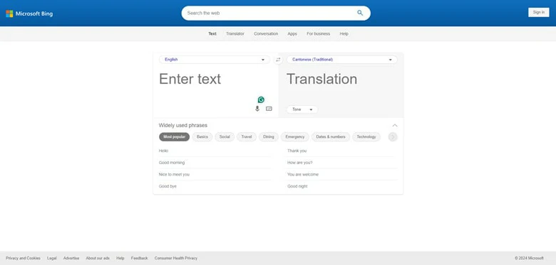 Bing Translate English to Cantonese Online