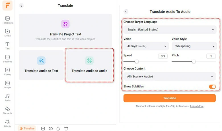 Translate Spanish Sound to English Voice in FlexClip