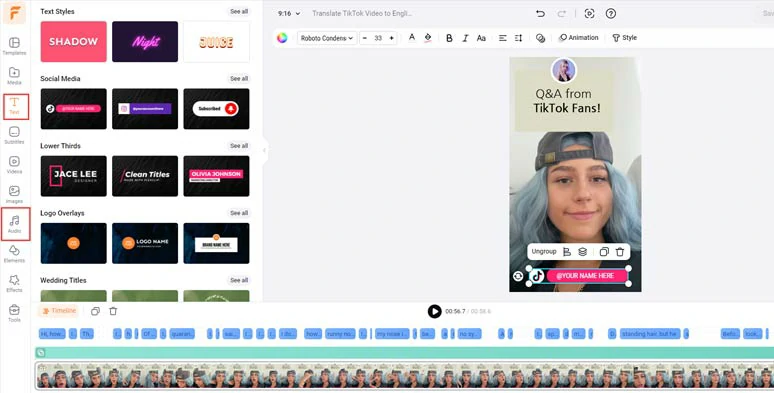 Add text animations and royalty-free music & sound effects to translated TikTok video