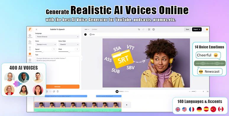 convert translated SRT files to AI voices using FlexClip subtitle-to-speech features