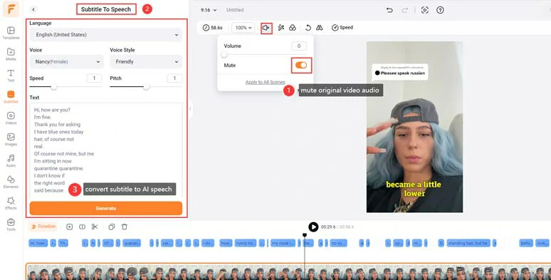 Mute the original video audio and convert translated subtitles to English AI voices