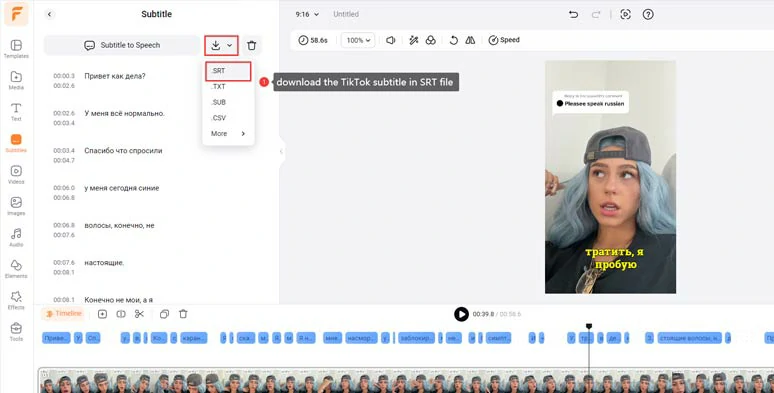 Proofread and download TikTok subtitles in the SRT file for translation