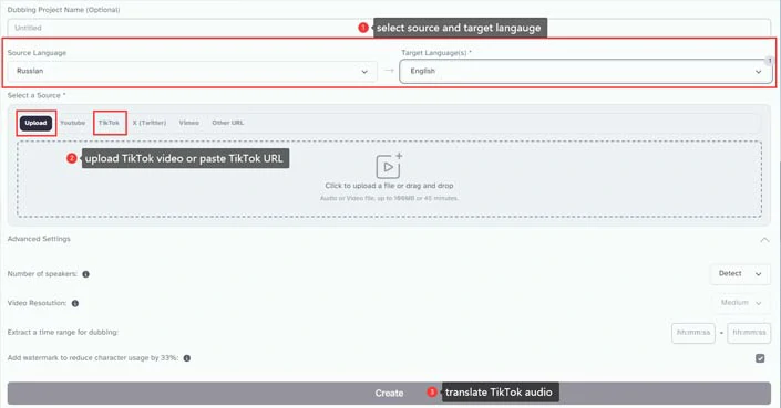 Select the source and target language and import TikTok video and translate TikTok video