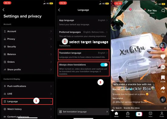 Select the target language and turn on the auto TikTok translation button