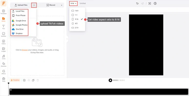 Set video aspect ratio to 9:16 and upload your TikTok videos