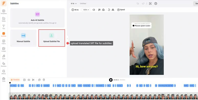 Upload translated SRT file to FlexClip for subtitles of TikTok video