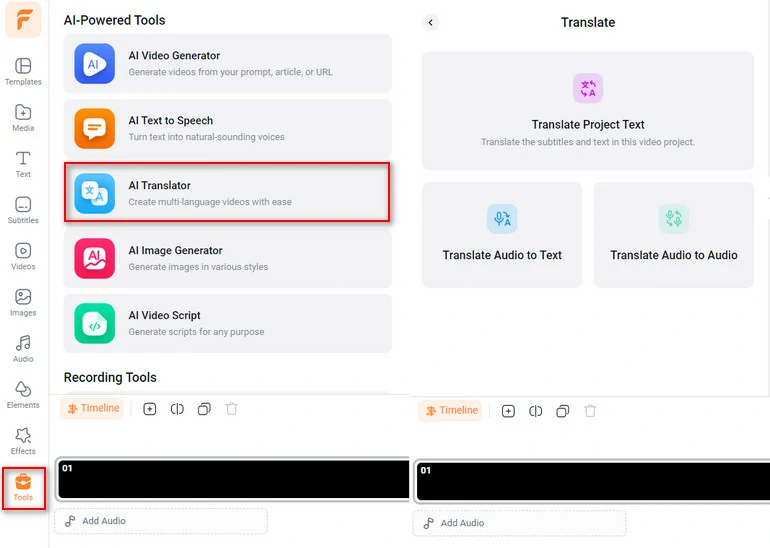 FlexClip's AI Translation Options