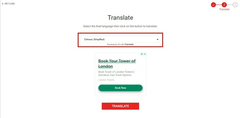 Select the Target Language and Begin Translation