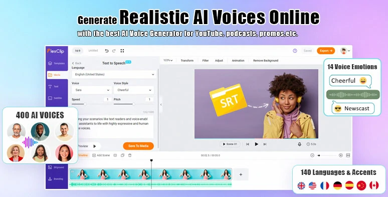 Effortlessly convert translated YouTube video subtitles to realistic AI voices by FlexClip online