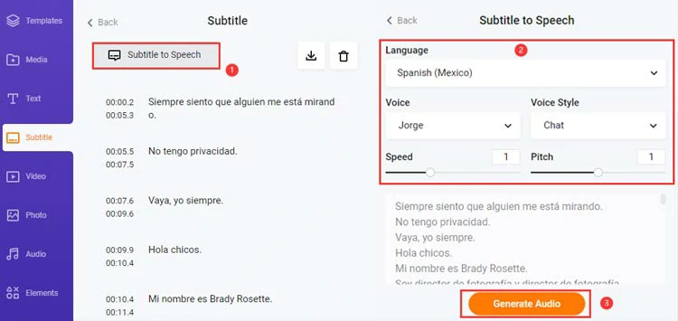Convert translated subtitles to realistic AI voices in the target language