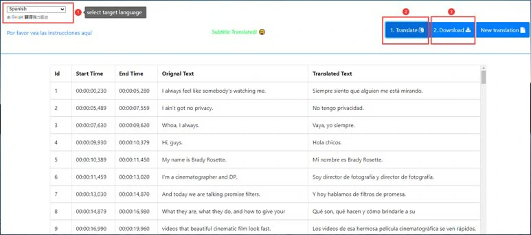 Translate English YouTube subtitles to Spanish online for free