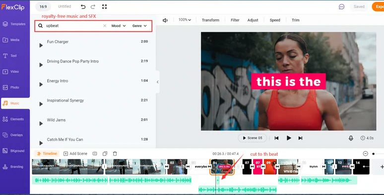 Add royalty-free music and SFX to the typography video and cut to the beat