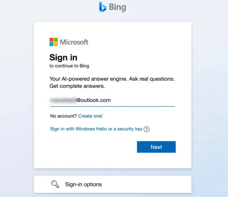 Sign in for Microsoft Bing
