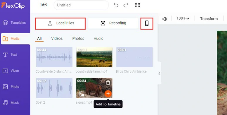 Upload footage and audio files to FlexClip from your PC or mobile phone