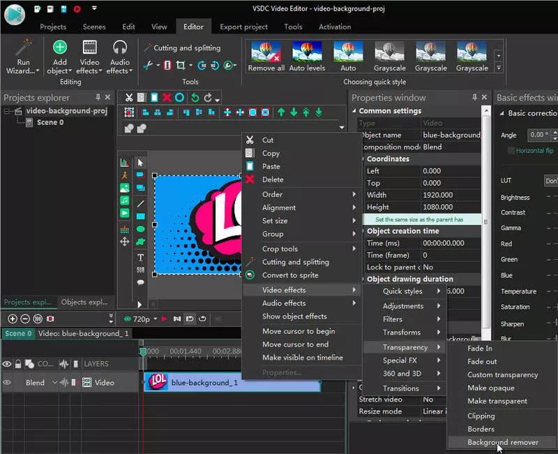 VSDC removes background from video