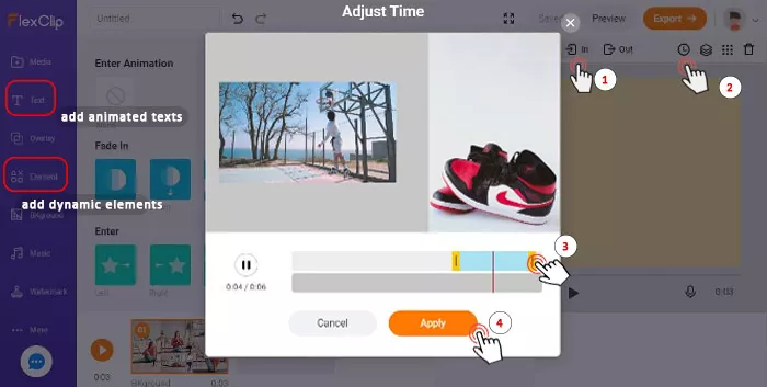 Animate the video and photo and add animated text and elements