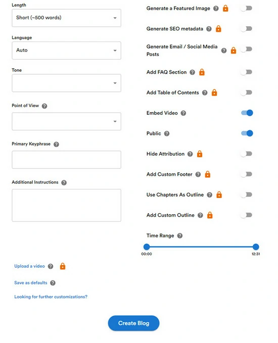 Video to Blog Advanced Settings