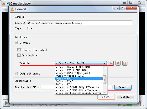 Choose output format and destination in VLC converter.