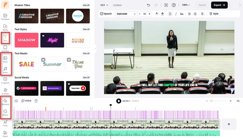 Add clips, images, text animations and royalty-free music and sound effects