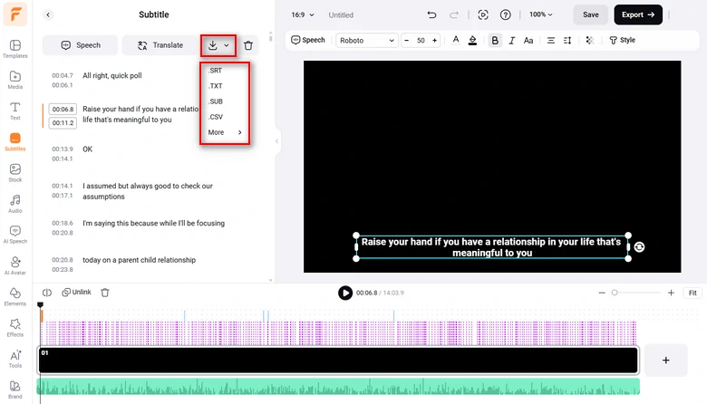 Edit and download iPhone voice memo transcript in SRT and other formats for repurposings