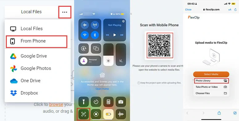 Scan the QR code and import the voice memos to FlexClip from your iPhone