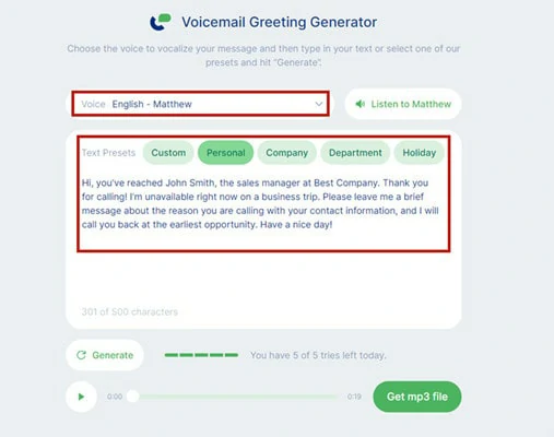 Generate Voicemail Greeting in Inperium Talk
