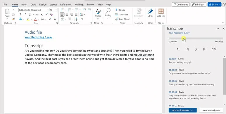 Convert wav to text by Microsoft Word online
