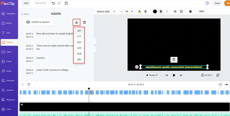 Save the transcript of wav files in SRT or other subtitle formats to your PC