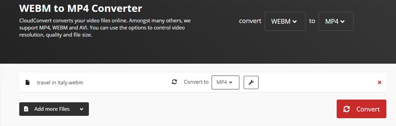 CloudConvert offers many options for WebM to MP4 video conversion