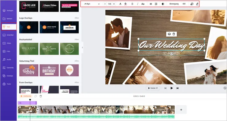 Kostenlose Hochzeitsmontage online erstellen - Text bearbeiten
