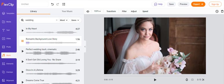 Add romantic background music to wedding video footage by FlexClip