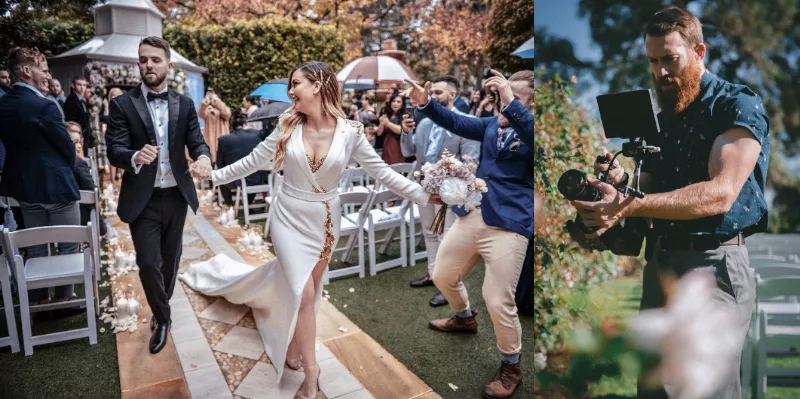 Pro wedding videographer at a wedding