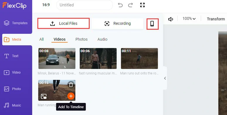Upload footage, images, and audio file to FlexClip