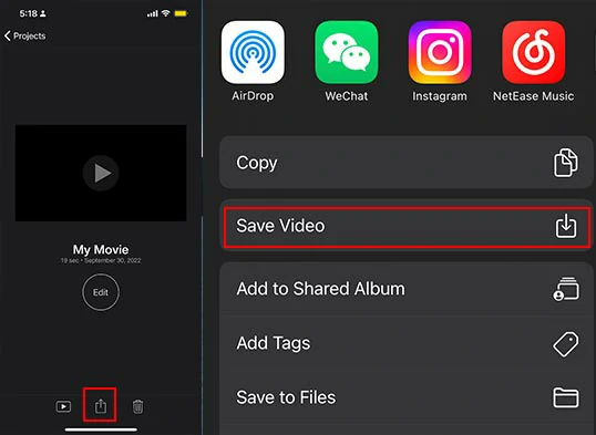 Save the video to the camera roll on iPhone