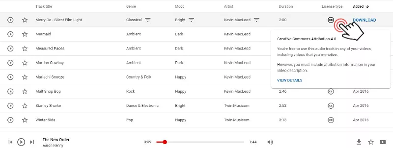 Give credits to the artist for music with a ‘CC’ icon