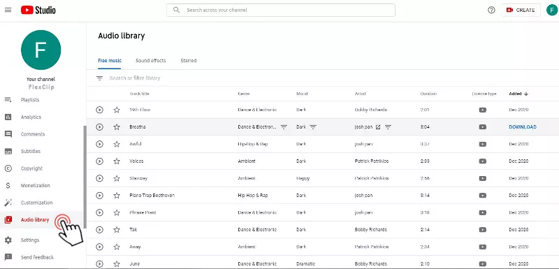 Use YouTube audio library to add background music