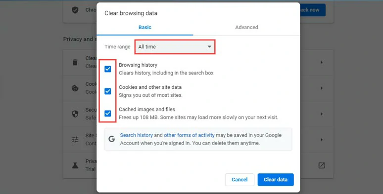Clear browsing history and cache on Google Chrome