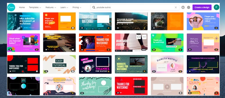 Hundreds of YouTube outro templates offered by Canva (free/paid) 