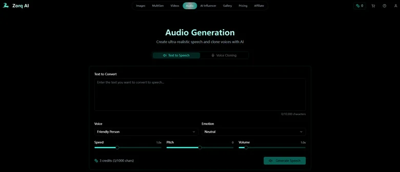 Audio Generation Page of Zorq.AI