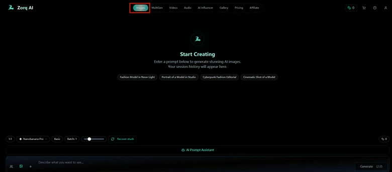 Text-to-image Generation Page of Zorq.AI