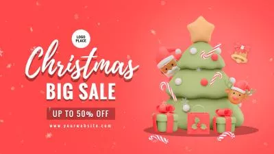 3d Red Green Snow Merry Christmas Holiday Sale Promo Banner