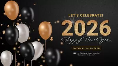 Balloon Gold Black Welcome 2026 Happy New Year Celebrate Party Invitation Intro