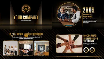 Black And Golden Shiny Glowing Company Timeline Business Corporate Presentation Slideshow Promo