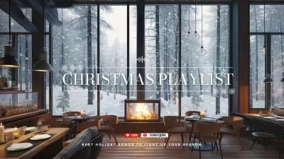 クリスマスの暖炉のある居心地の良い冬のカフェショップのインテリア、音楽プレイリスト、YouTube イントロ